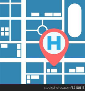 Symbol map pointer icon with medical hospital. Location hospital with map background. Vector illustration