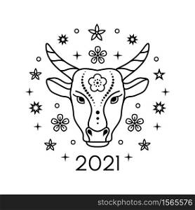 Symbol of 2021 year. Oriental horoscope. Bull in line art style on white background.. Bull in line art style