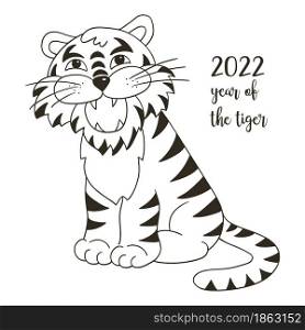 Symbol of 2022. Illustration with tiger in hand draw style. New Year 2022. Tiger sitting. Coloring animal. Symbol of 2022. New Year card in hand draw style. Coloring illustration for postcards, calendars