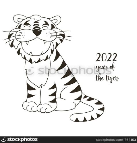 Symbol of 2022. Illustration with tiger in hand draw style. New Year 2022. Tiger sitting. Coloring cards, calendars, posters, flyers. Symbol of 2022. New Year card in hand draw style. Coloring illustration for postcards, calendars