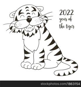 Symbol of 2022. Illustration with tiger in hand draw style. New Year 2022. Tiger sitting. Monochrome animal for calendars, posters. Symbol of 2022. New Year card in hand draw style. Coloring illustration for postcards, calendars