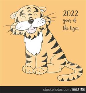 Symbol of 2022. Illustration with tiger in hand draw style. New Year 2022. Tiger sitting. Pastel animal for calendars, posters. Faces of tigers. Symbol of 2022. Tigers in hand draw style. New Year 2022