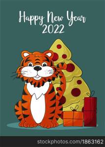 Symbol of 2022. New Year card in hand draw style. Christmas tree, gifts, tiger. New year 2022. Bright illustration for postcards, calendars, posters, flyers. Faces of tigers. Symbol of 2022. Tigers in hand draw style. New Year 2022