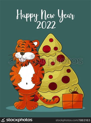 Symbol of 2022. New Year card in hand draw style. Christmas tree, gifts, tiger. New year 2022. Bright illustration for postcards, calendars. Faces of tigers. Symbol of 2022. Tigers in hand draw style. New Year 2022