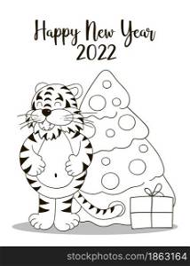 Symbol of 2022. New Year card in hand draw style. Christmas tree, gifts, tiger. New year 2022. Coloring illustration for postcards, calendars. Symbol of 2022. New Year card in hand draw style. Coloring illustration for postcards, calendars