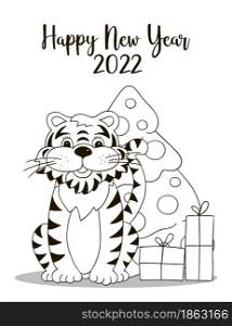 Symbol of 2022. New Year card in hand draw style. Christmas tree, gifts, tiger. New year 2022. Coloring postcards, calendars, posters, flyers. Symbol of 2022. New Year card in hand draw style. Coloring illustration for postcards, calendars