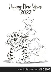 Symbol of 2022. New Year card in hand draw style. Christmas tree, gifts, tiger. New year 2022. Coloring. Symbol of 2022. New Year card in hand draw style. Coloring illustration for postcards, calendars