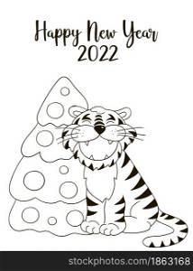 Symbol of 2022. New Year card in hand draw style. Christmas tree, gifts, tiger. New year 2022. Monochrome illustration for postcards, calendars, posters. Symbol of 2022. New Year card in hand draw style. Coloring illustration for postcards, calendars