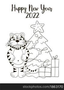 Symbol of 2022. New Year card in hand draw style. Christmas tree, gifts, tiger. New year 2022. Monochrome illustration for postcards. Symbol of 2022. New Year card in hand draw style. Coloring illustration for postcards, calendars