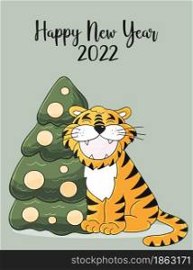 Symbol of 2022. New Year card in hand draw style. Christmas tree, gifts, tiger. New year 2022. Pastel illustration for postcards, calendars, posters. Faces of tigers. Symbol of 2022. Tigers in hand draw style. New Year 2022