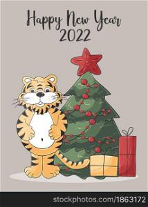 Symbol of 2022. New Year card in hand draw style. Christmas tree, gifts, tiger. New year 2022. Pastel illustration for postcards. Faces of tigers. Symbol of 2022. Tigers in hand draw style. New Year 2022