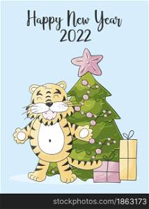 Symbol of 2022. New Year card in hand draw style. Christmas tree, gifts, tiger. New year 2022. Pastel illustration. Faces of tigers. Symbol of 2022. Tigers in hand draw style. New Year 2022