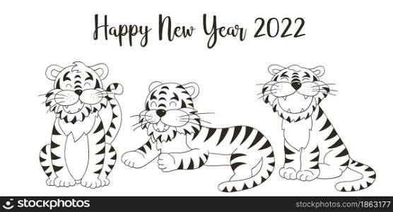 Symbol of 2022. New Year vector greeting card in hand draw style. New Year. Three tigers. Monochrome illustration for calendars. Symbol of 2022. New Year card in hand draw style. Coloring illustration for postcards, calendars