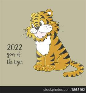 Symbol of 2022. Pastel Illustration with tiger in hand draw style. New Year 2022. Tiger sitting. Cartoon animal for cards, calendars, posters. Faces of tigers. Symbol of 2022. Tigers in hand draw style. New Year 2022