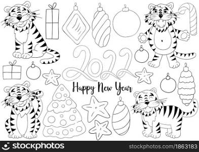 Symbol of 2022. Set of tigers and new year elements in hand draw style. Collection illustrations. Coloring. Symbol of 2022. Set of tigers and new year elements in hand draw style
