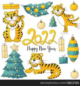 Symbol of 2022. Set of tigers and new year elements in hand draw style. Collection of Bright vector illustrations for your design. Faces of tigers. Symbol of 2022. Tigers in hand draw style. New Year 2022