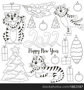 Symbol of 2022. Set of tigers and new year elements in hand draw style. Collection of cute vector illustrations. Coloring. Symbol of 2022. Set of tigers and new year elements in hand draw style