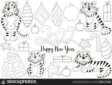 Symbol of 2022. Set of tigers and new year elements in hand draw style. Coloring illustrations. Symbol of 2022. Set of tigers and new year elements in hand draw style