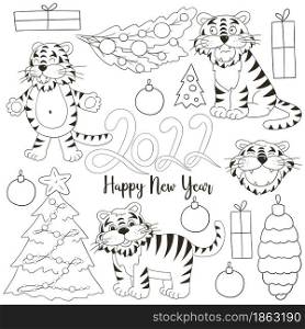 Symbol of 2022. Set of tigers and new year elements in hand draw style. Coloring vector illustrations. Symbol of 2022. Set of tigers and new year elements in hand draw style