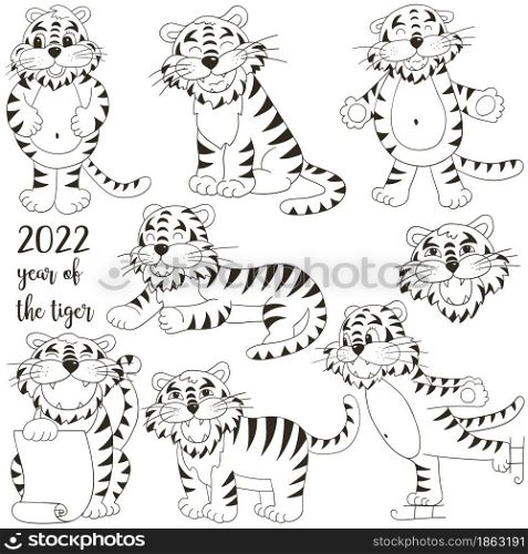Symbol of 2022. Set of tigers in hand draw style. Faces of tigers. New Year 2022. Collection of cute vector illustrations. Coloring. Set of tigers in hand draw style. Symbol of 2022. Collection Coloring illustrations