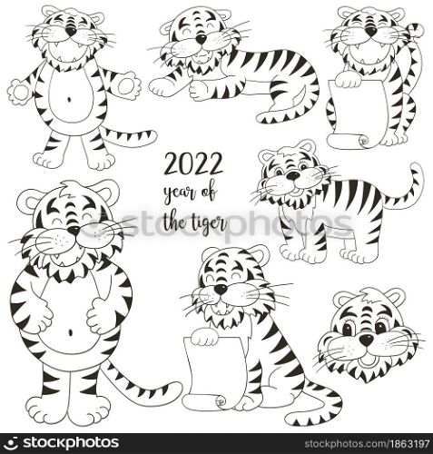 Symbol of 2022. Set of tigers in hand draw style. Faces of tigers. New Year 2022. Collection of vector illustrations. Coloring. Set of tigers in hand draw style. Symbol of 2022. Collection Coloring illustrations