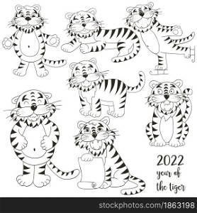 Symbol of 2022. Set of tigers in hand draw style. Faces of tigers. New Year 2022. Coloring cute vector illustrations for your design. Set of tigers in hand draw style. Symbol of 2022. Collection Coloring illustrations