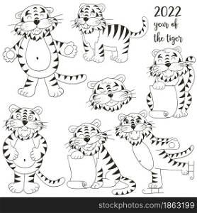 Symbol of 2022. Set of tigers in hand draw style. Faces of tigers. New Year 2022. Coloring illustrations. Set of tigers in hand draw style. Symbol of 2022. Collection Coloring illustrations