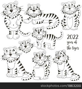 Symbol of 2022. Set of tigers in hand draw style. Faces of tigers. New Year 2022. Coloring vector illustrations. Set of tigers in hand draw style. Symbol of 2022. Collection Coloring illustrations