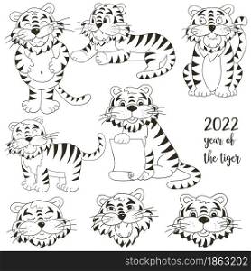 Symbol of 2022. Set of tigers in hand draw style. Faces of tigers. New Year 2022. Coloring. Set of tigers in hand draw style. Symbol of 2022. Collection Coloring illustrations