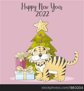 Symbol of 2022. Square New Year card in hand draw style. Christmas tree, gifts, tiger. Year of the tiger 2022. Bright illustration for cards, calendars, posters. Faces of tigers. Symbol of 2022. Tigers in hand draw style. New Year 2022