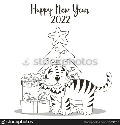 Symbol of 2022. Square New Year card in hand draw style. Christmas tree, gifts, tiger. Year of the tiger 2022. Coloring illustration for cards, calendars, posters. Symbol of 2022. New Year card in hand draw style. Coloring illustration for postcards, calendars