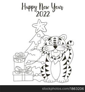 Symbol of 2022. Square New Year card in hand draw style. Christmas tree, gifts, tiger. Year of the tiger 2022. Coloring illustration for cards, calendars. Symbol of 2022. New Year card in hand draw style. Coloring illustration for postcards, calendars