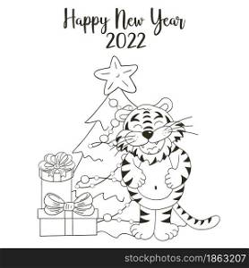 Symbol of 2022. Square New Year card in hand draw style. Christmas tree, gifts, tiger. Year of the tiger 2022. Coloring illustration. Symbol of 2022. New Year card in hand draw style. Coloring illustration for postcards, calendars