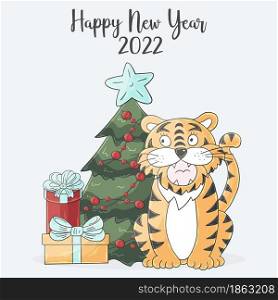 Symbol of 2022. Square New Year card in hand draw style. Christmas tree, gifts, tiger. Year of the tiger 2022. Pastel illustration for cards, calendars. Faces of tigers. Symbol of 2022. Tigers in hand draw style. New Year 2022