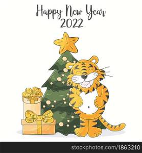 Symbol of 2022. Square New Year card in hand draw style. Christmas tree, gifts, tiger. Year of the tiger 2022. Pastel illustration. Faces of tigers. Symbol of 2022. Tigers in hand draw style. New Year 2022