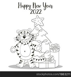 Symbol of 2022. Square New Year card in hand draw style. Christmas tree, tiger. Year of the tiger 2022. Coloring illustration for cards, calendars, flyers. Symbol of 2022. New Year card in hand draw style. Coloring illustration for postcards, calendars