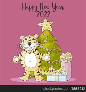 Symbol of 2022. Square New Year card in hand draw style. Christmas tree, tiger. Year of the tiger 2022. Pastel illustration for cards, calendars, flyers. Faces of tigers. Symbol of 2022. Tigers in hand draw style. New Year 2022