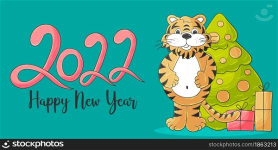 Symbol of 2022. Vector card with a tiger in hand draw style. New Year. Lettering 2022. Bright illustration for cards, calendars, posters, flyers. Faces of tigers. Symbol of 2022. Tigers in hand draw style. New Year 2022
