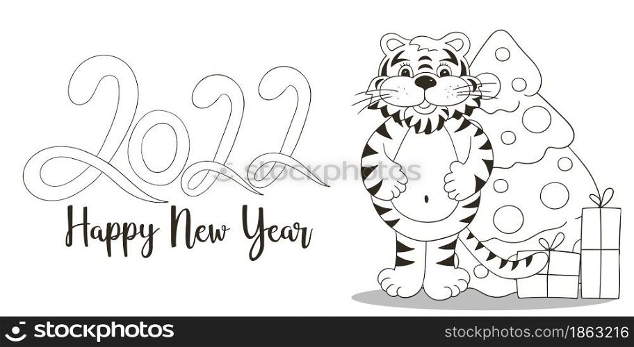 Symbol of 2022. Vector card with a tiger in hand draw style. New Year. Lettering 2022. Coloring illustration for cards, calendars, posters, flyers. Symbol of 2022. New Year card in hand draw style. Coloring illustration for postcards, calendars