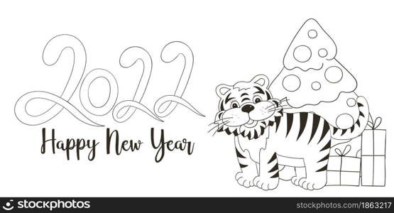 Symbol of 2022. Vector card with a tiger in hand draw style. New Year. Lettering 2022. Coloring illustration for cards, calendars, posters. Symbol of 2022. New Year card in hand draw style. Coloring illustration for postcards, calendars