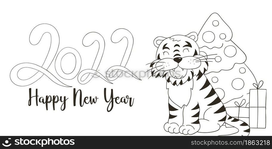 Symbol of 2022. Vector card with a tiger in hand draw style. New Year. Lettering 2022. Coloring illustration for cards, calendars. Symbol of 2022. New Year card in hand draw style. Coloring illustration for postcards, calendars