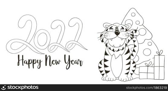 Symbol of 2022. Vector card with a tiger in hand draw style. New Year. Lettering 2022. Coloring illustration. Symbol of 2022. New Year card in hand draw style. Coloring illustration for postcards, calendars
