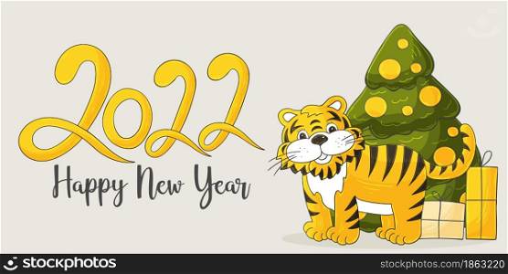 Symbol of 2022. Vector card with a tiger in hand draw style. New Year. Lettering 2022. Pastel illustration for cards, calendars, posters. Faces of tigers. Symbol of 2022. Tigers in hand draw style. New Year 2022