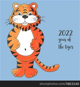 Symbol of 2022. Vector illustration with tiger in hand draw style. New Year. Cheerful tiger, stands and holds on to his stomach. Bright animal for calendars. Faces of tigers. Symbol of 2022. Tigers in hand draw style. New Year 2022