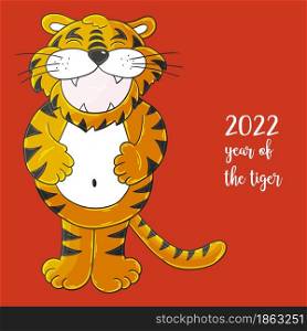 Symbol of 2022. Vector illustration with tiger in hand draw style. New Year. Cheerful tiger, stands and holds on to his stomach. Bright animal. Faces of tigers. Symbol of 2022. Tigers in hand draw style. New Year 2022