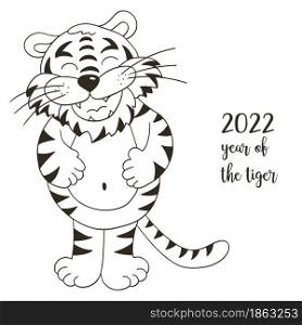 Symbol of 2022. Vector illustration with tiger in hand draw style. New Year. Cheerful tiger, stands and holds on to his stomach. Coloring animal for cards. Symbol of 2022. New Year card in hand draw style. Coloring illustration for postcards, calendars