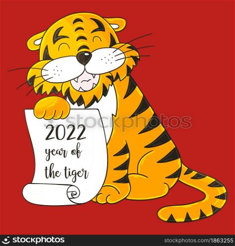 Symbol of 2022. Vector illustration with tiger in hand draw style. New Year. The tiger sits and holds a scroll. Bright animal for cards, calendars, flyers. Faces of tigers. Symbol of 2022. Tigers in hand draw style. New Year 2022