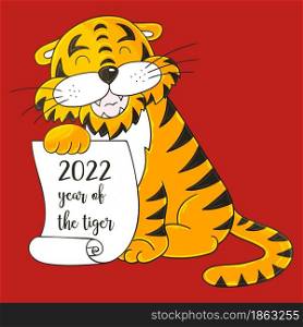 Symbol of 2022. Vector illustration with tiger in hand draw style. New Year. The tiger sits and holds a scroll. Bright animal for cards, calendars, flyers. Faces of tigers. Symbol of 2022. Tigers in hand draw style. New Year 2022