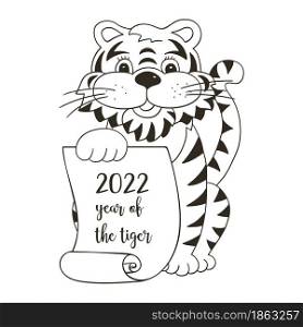 Symbol of 2022. Vector illustration with tiger in hand draw style. New Year. The tiger sits and holds a scroll. Coloring animal. Symbol of 2022. New Year card in hand draw style. Coloring illustration for postcards, calendars