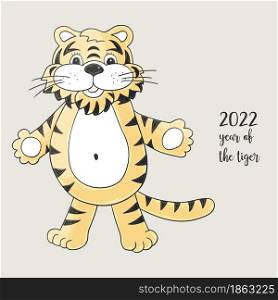 Symbol of 2022. Vector illustration with tiger in hand draw style. New Year 2022. Friendly tiger, hugs. Pastel animal for calendars, posters, flyers. Faces of tigers. Symbol of 2022. Tigers in hand draw style. New Year 2022